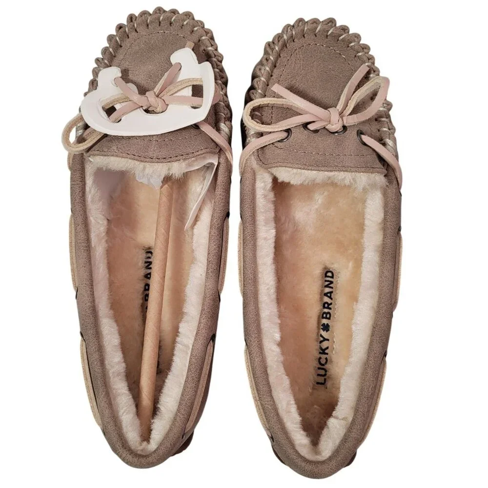 Lucky Brand Youth Girls Moccasin Slippers Size 1 Faux Fur Lined Taupe